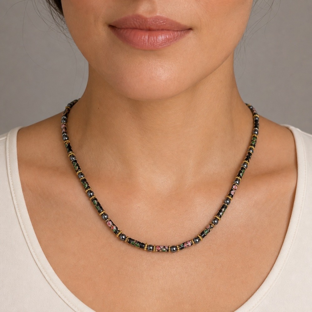 Beaded‎ Necklace 18in Black Hematite Cloisonne Floral Excellent Vtg Style
